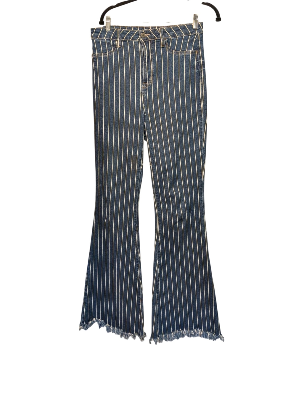 Cello Navy Blue Pinstripe Flare Jeans with Raw Hem